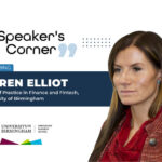 the banner image features Karen Elliot, Chair of Practice in Finance and Fintech, University of Birmingham
