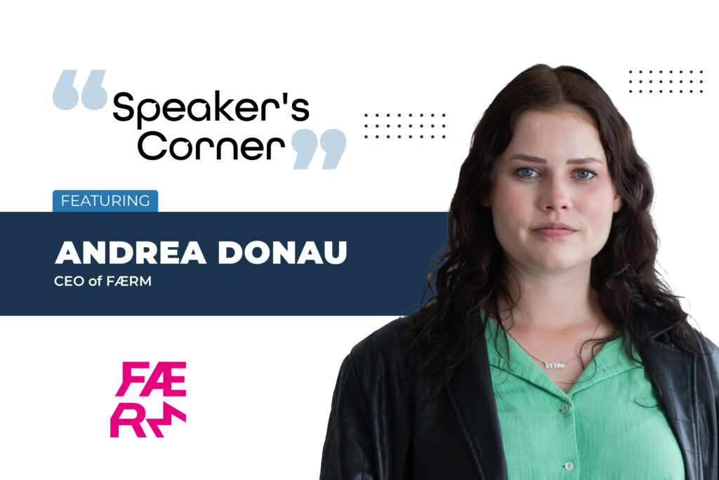 A speaker's banner featuring Andrea Donau, CEO at Faerm