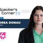 A speaker's banner featuring Andrea Donau, CEO at Faerm