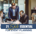 The image depicts four colleagues who are involved in exploring event planning skills.