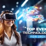 This illustartion depicts a girl wearing a VR set, along with the title being talked further in the article, which is 'Top Event Technologies for 2024".