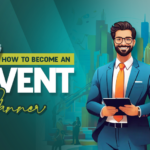 The vector image has a man in a formal attire, presumably an event planner who is sharing a guide on how to become an event planner