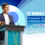 The image features a Caucasian public speaker speaking before an audience and using persuasive techniques to hold their attention