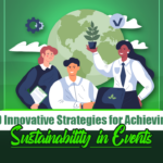 The featured image showcases illustrations of three event marketers who are discussing innovative strategies for achieving sustainability in events, against a green background