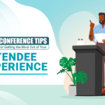 Th featured image portrays a caricature of a speaker speaking to the audience at the podium with "27 Conference Tips for Getting the Most Out of Your Attendee Experience" written next to it.