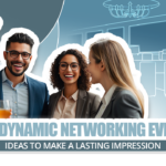 Featured image showcases three working professionals discussing different networking event ideas against a blue background
