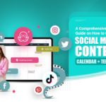 The featured image showcases a Caucasian girl sitting with a laptop on her lap, trying to learn how to create a social media content calendar against a background of the same with different SM icons