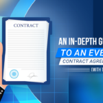 A featured image of a hand holding a contract agreement next to "an in-depth guide to an event contract agreement with template" written against a blue background