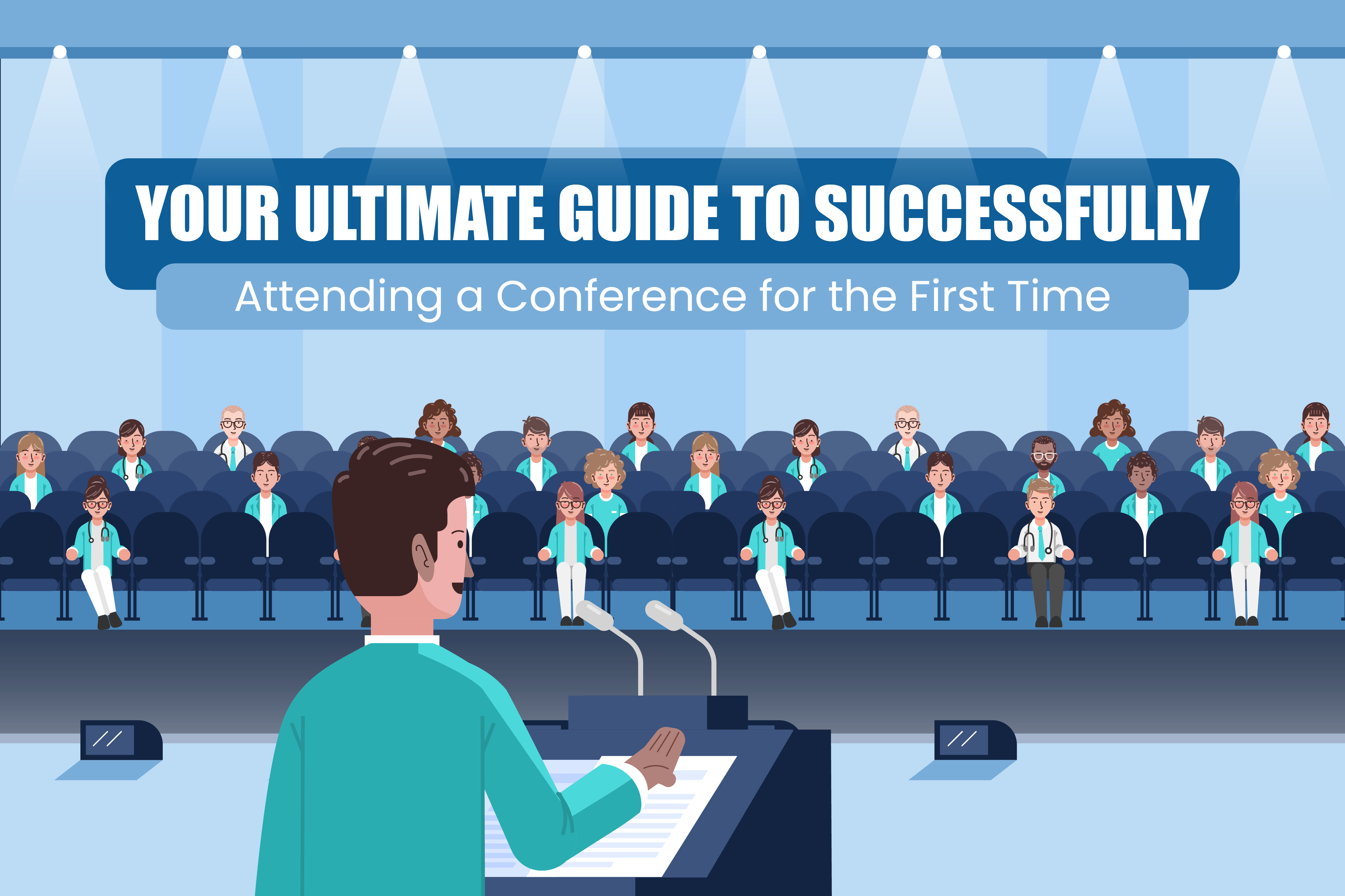 The featured image showcases a caricature of a professional speaker speaking before an audience that's attending a conference for the first time