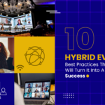 The image has a collection of photos showing a mix of live and virtual events, meaning hybrid events