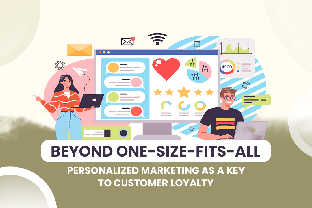 The featured image showcases an illustration of two people working on personalised marketing against a background of a board with stats and diagrams and beyond one size fits all personalised marketing as a key to customer loyalty written in bold font in front