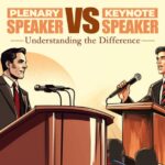 The image describes the tille of the article i.e. Plenary Speaker vs Keynote Speaker- Understanding the difference. It has an illustration of two speakers standing and facing each other.
