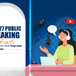The featured image has an illustration of a woman podcast talking about the best public speaking podcasts against a blue background