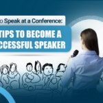 The illustration showcases a Caucasian woman speaking before an audience seated against a white background