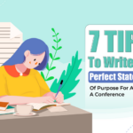 A vector image of a girl writing the perfect statement of purpose for attending a conference against a light blue background