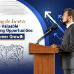 The featured image showcases a Caucasian public speaker speaking to an audience, whilst 'Unlocking the Secret to Secure Valuable Speaking Opportunities for Career Growth' is written next to him, against a white background.
