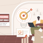 The featured image showcases a vector image of a manager sitting with a laptop against a cream background carrying a dart board, metaphorically depicting professional development goals.