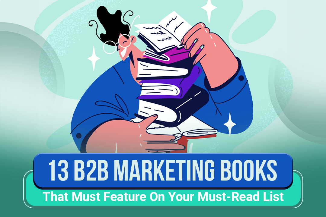 The featured image is a vector image of a person holding b2b marketing books one above the other