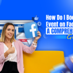 The featured image showcases a Caucasian woman holding the Facebook logo against a blue background with "How do I boost an event on Facebook: A Comprehensive Guide" written on it