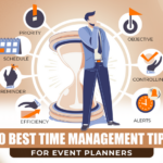the featured image displays a vector image of an event planner considering the best time management tips for event planning